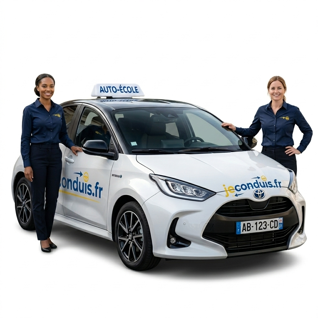 Voitures auto-école Toyota Yaris et Renault Clio blanches jeconduis.fr avec monitrices en Essonne